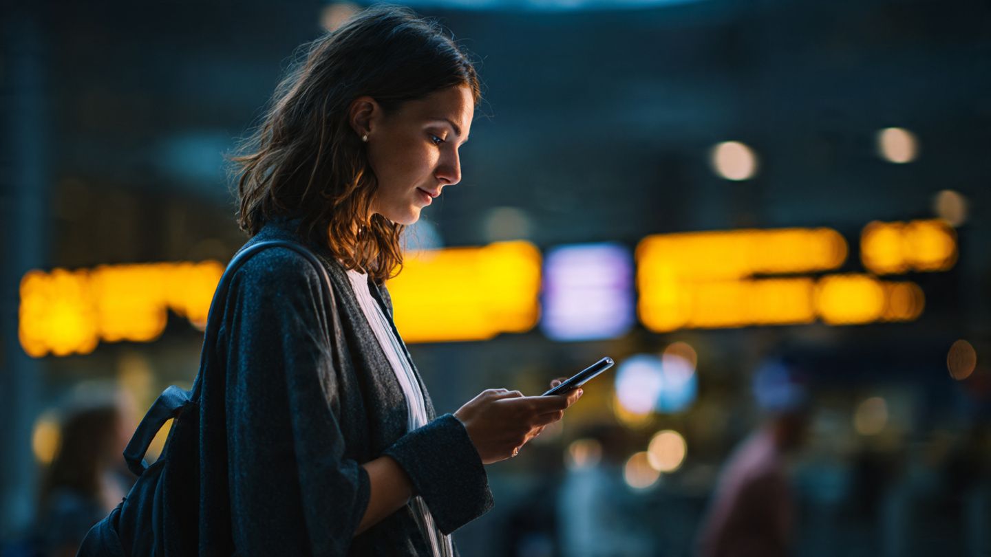 A traveler typing on a smartphone at an airport, secure digital wallet UI visible, subtle lighting highlighting security and trust abroad