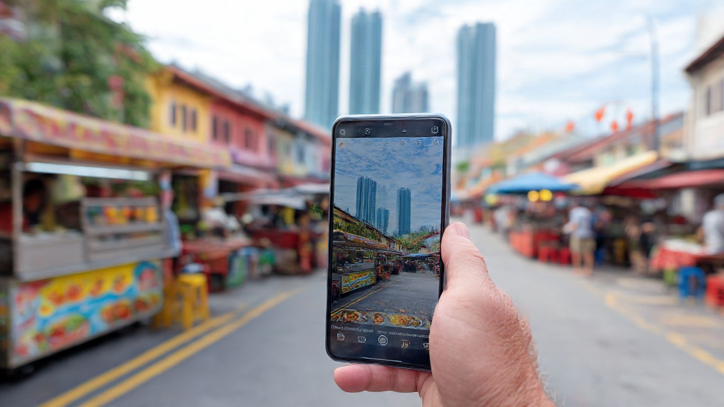 A traveler uses their Yoho Mobile eSIM to navigate in Penang, with street food stalls and the George Town skyline in the background