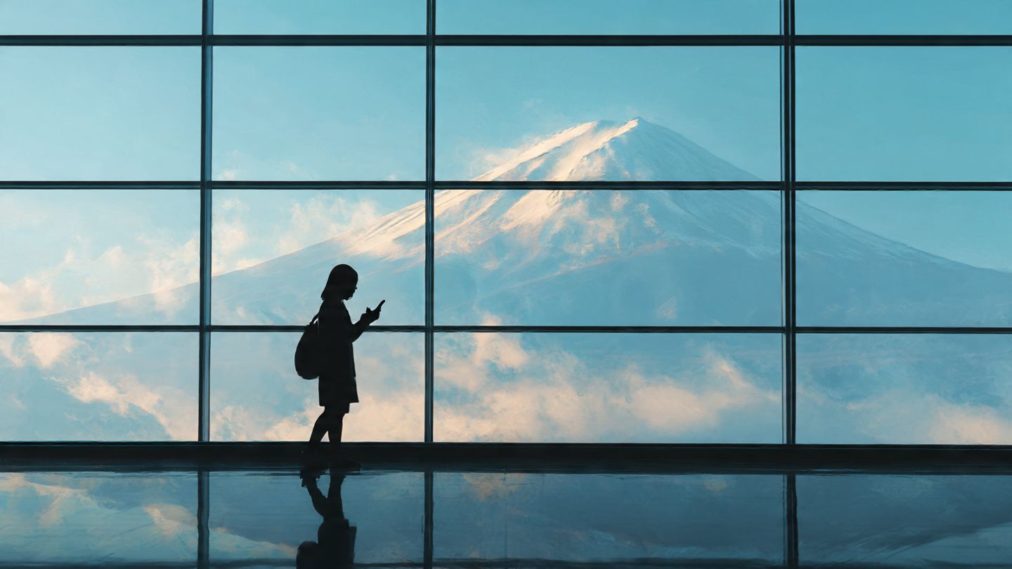 A traveler using a smartphone inside a US airport terminal with Mount Fuji imagery blended in the background; cinematic daylight; concept of global eSIM travel between Japan and the USA