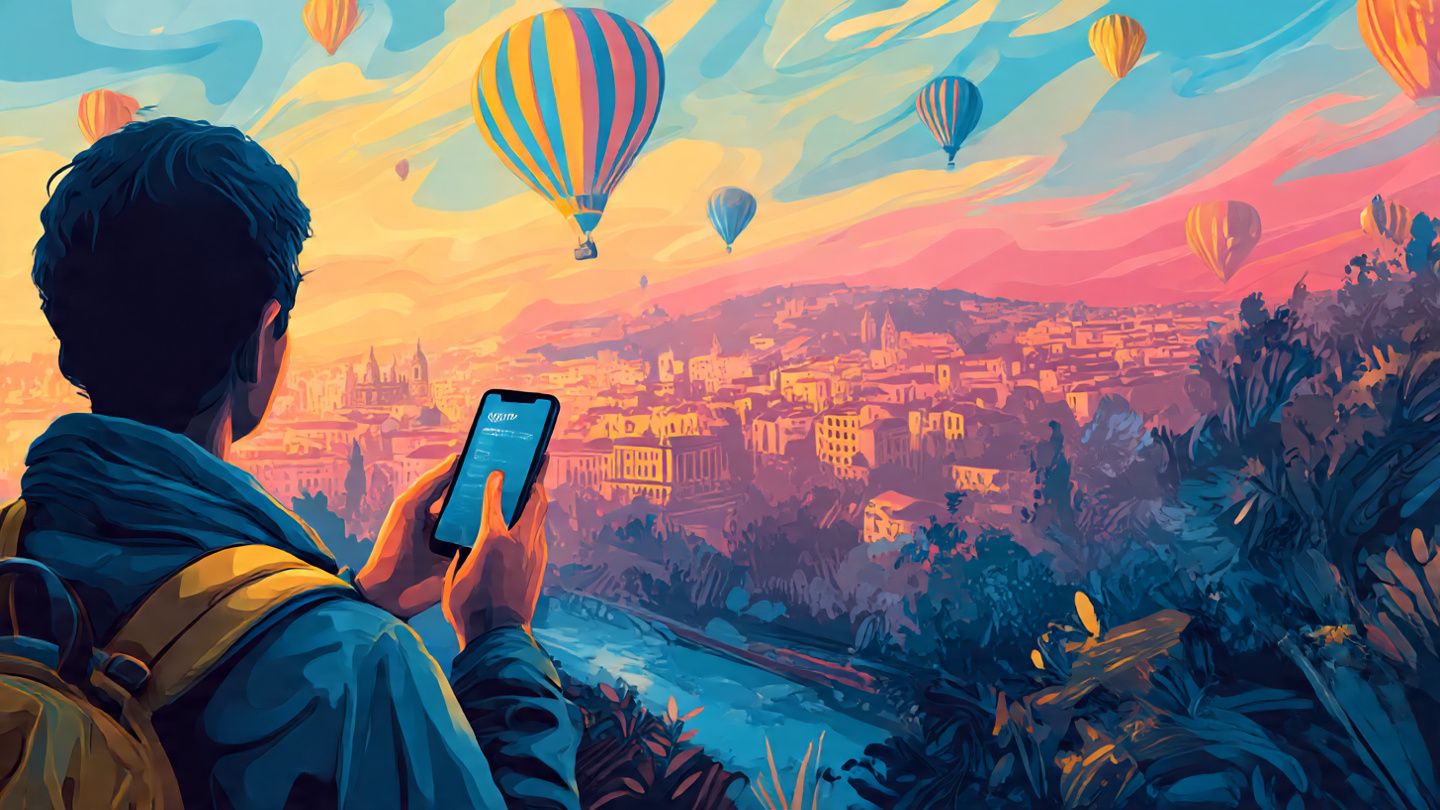 A traveler using a smartphone outdoors with eSIM setup visible, scenic cityscape in background, bright optimistic colors reflecting travel freedom
