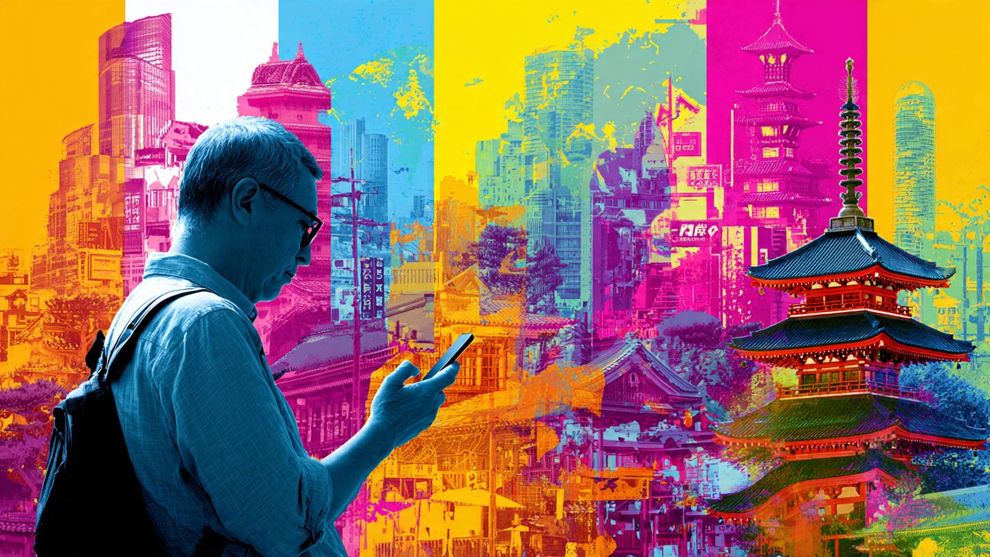 A traveler using a smartphone with digital maps across Japan, China, and South Korea, cinematic cityscape collage, bright colors, educational infographic style