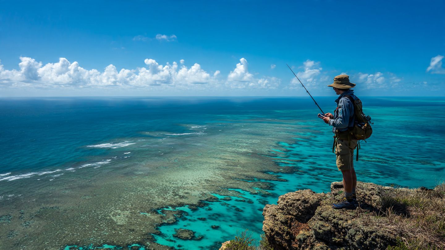 A traveller checking signal strength on a cliff overlooking the Great Barrier Reef, symbolizing the challenges of remote connectivity