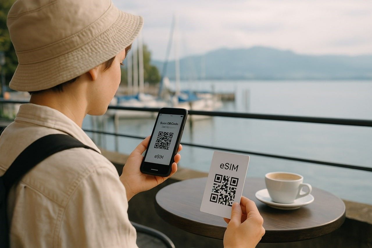 Tourist scanning QR code to activate eSIM in Lindau harbor café, Lake Constance backdrop with boats and mountains, soft daylight
