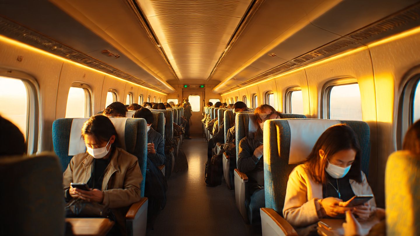 An interior view of a Shinkansen car with passengers using smartphones and tablets, photographed in a warm documentary style with natural morning light