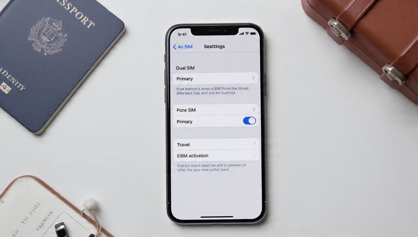 Clean flat-lay image of an iPhone screen showing Dual SIM settings with labels “Primary” and “Travel,” styled with soft lighting and minimalist travel accessories to illustrate step-by-step eSIM activation