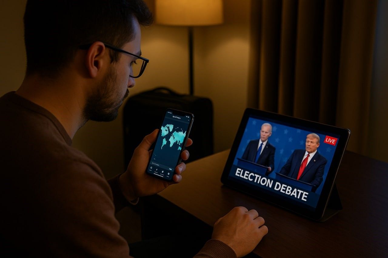 Traveler checking global data coverage map on phone before watching US election debate on tablet