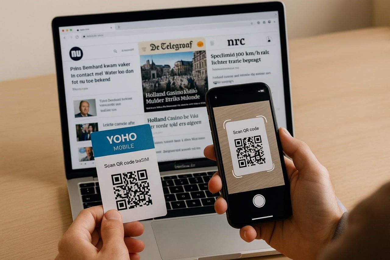 Close-up shot of a traveler scanning a Yoho Mobile QR code on their smartphone