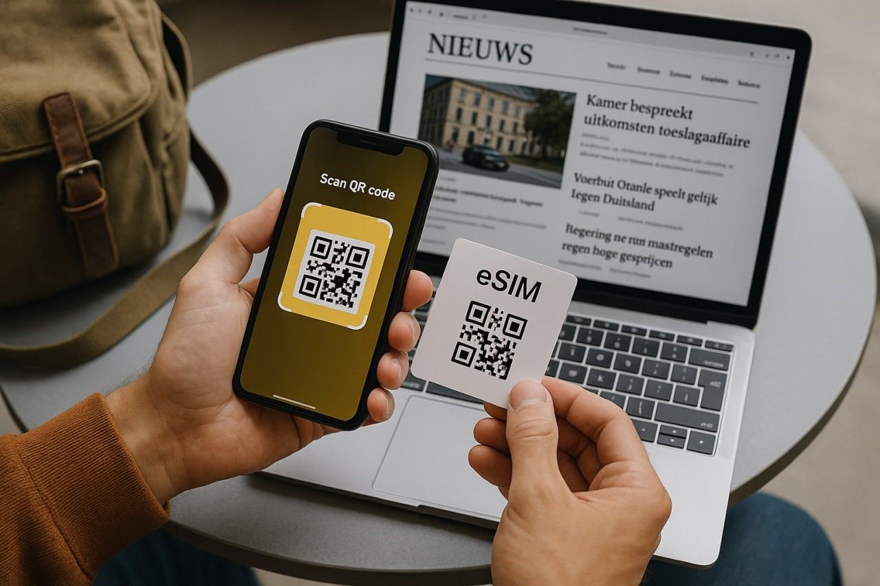Close-up of a traveler scanning a QR code to activate an eSIM