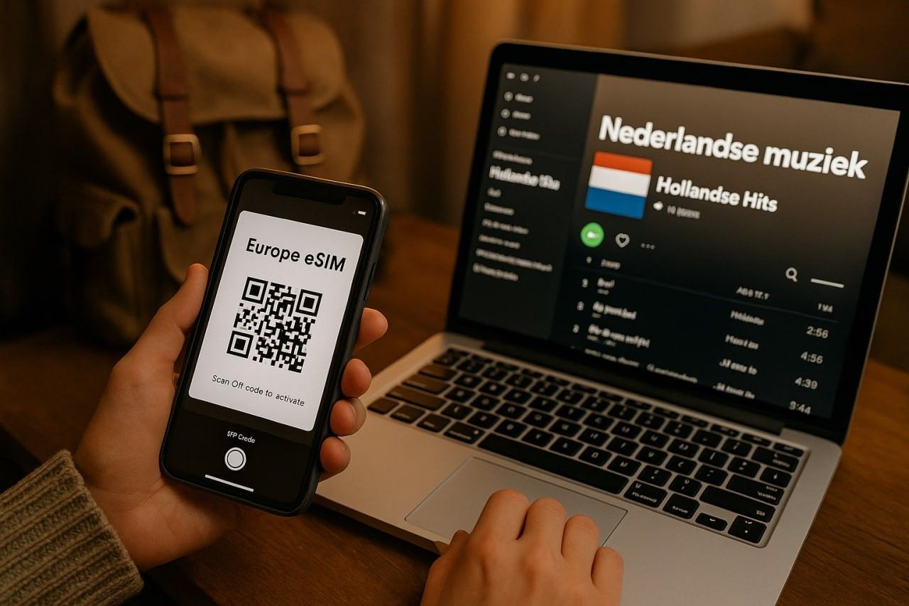 Close-up of a traveler scanning a QR code to activate a Europe eSIM