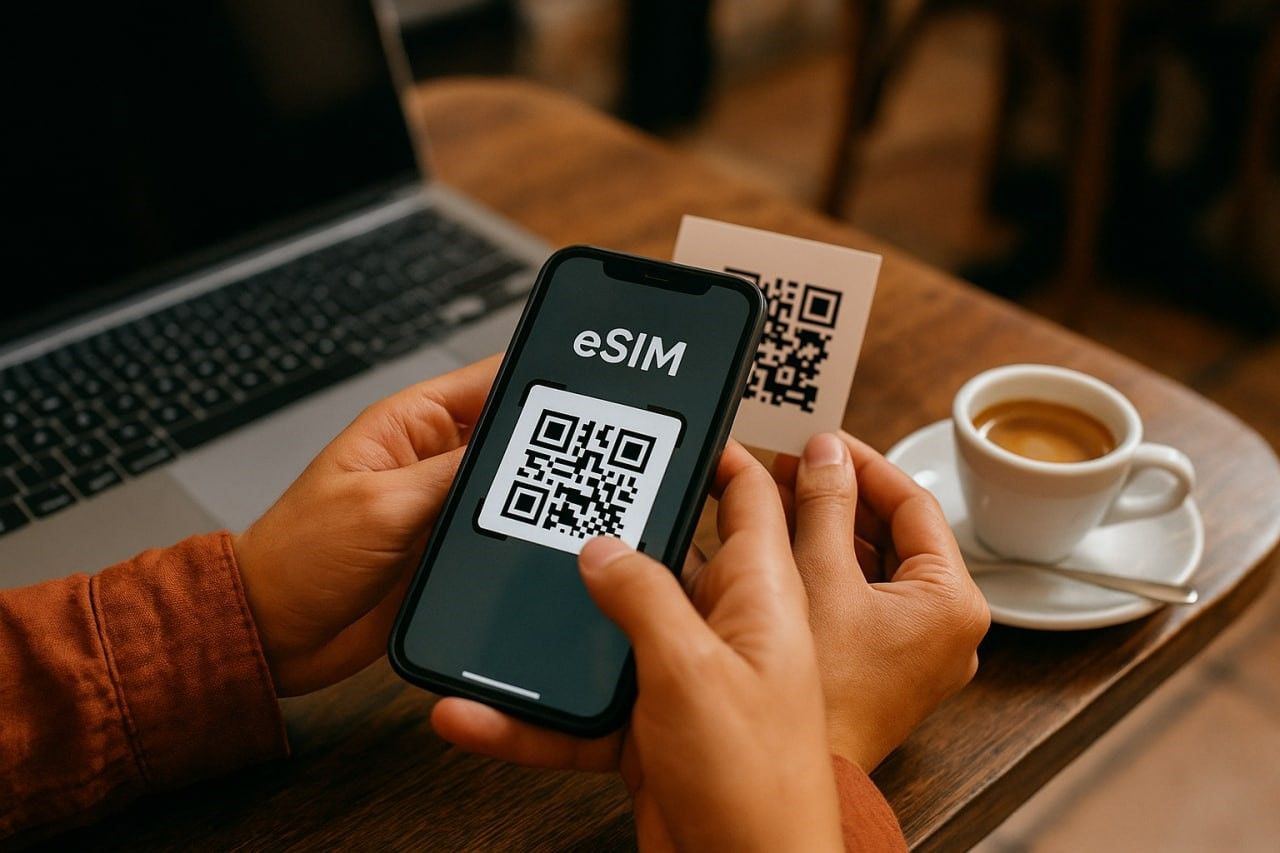 Close-up of a traveler scanning a QR code to activate an eSIM in a Porto café