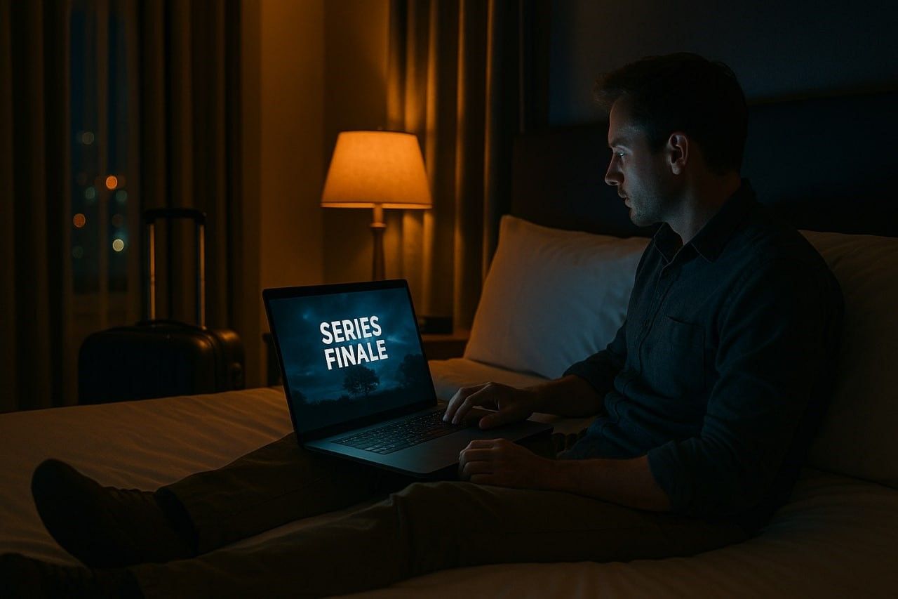 Traveler streaming a TV finale in a hotel room at night