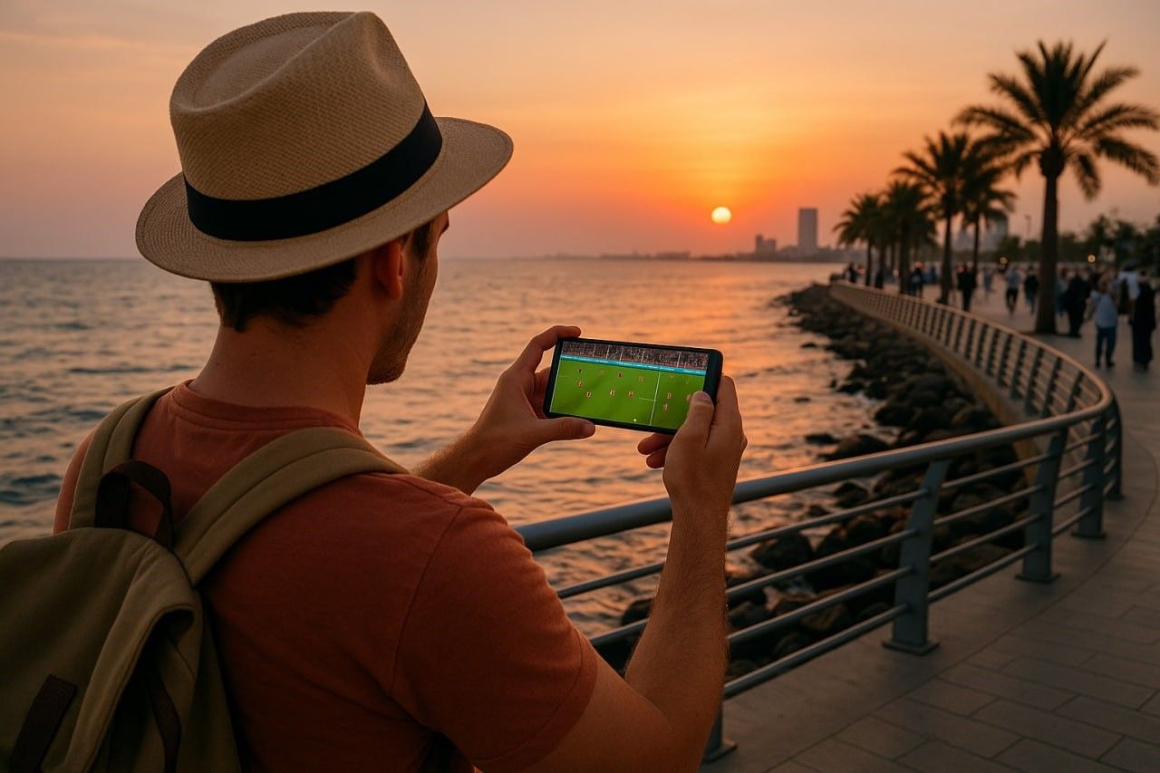 Tourist watching a football match on a smartphone at Jeddah Corniche