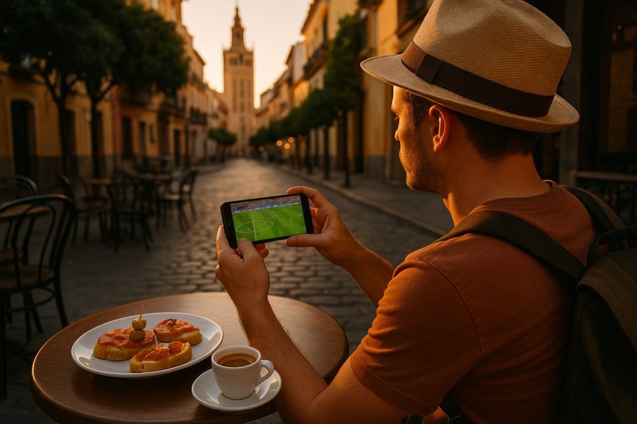 Traveler watching a football match on a smartphone at a Seville café with tapas and espresso