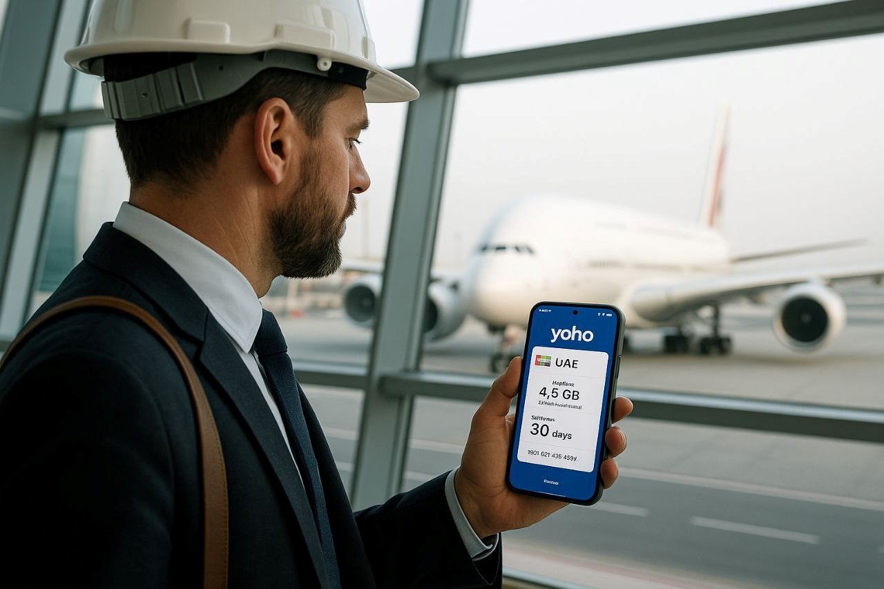 Business traveler in Dubai airport terminal holding smartphone with Yoho Mobile eSIM dashboard