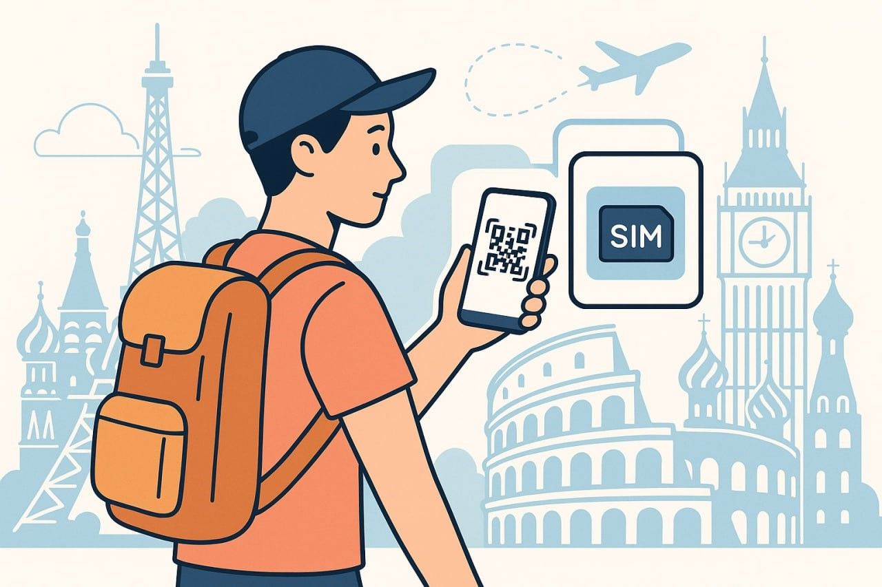 Flat illustration of a traveler scanning a QR code on smartphone with European landmarks in the background