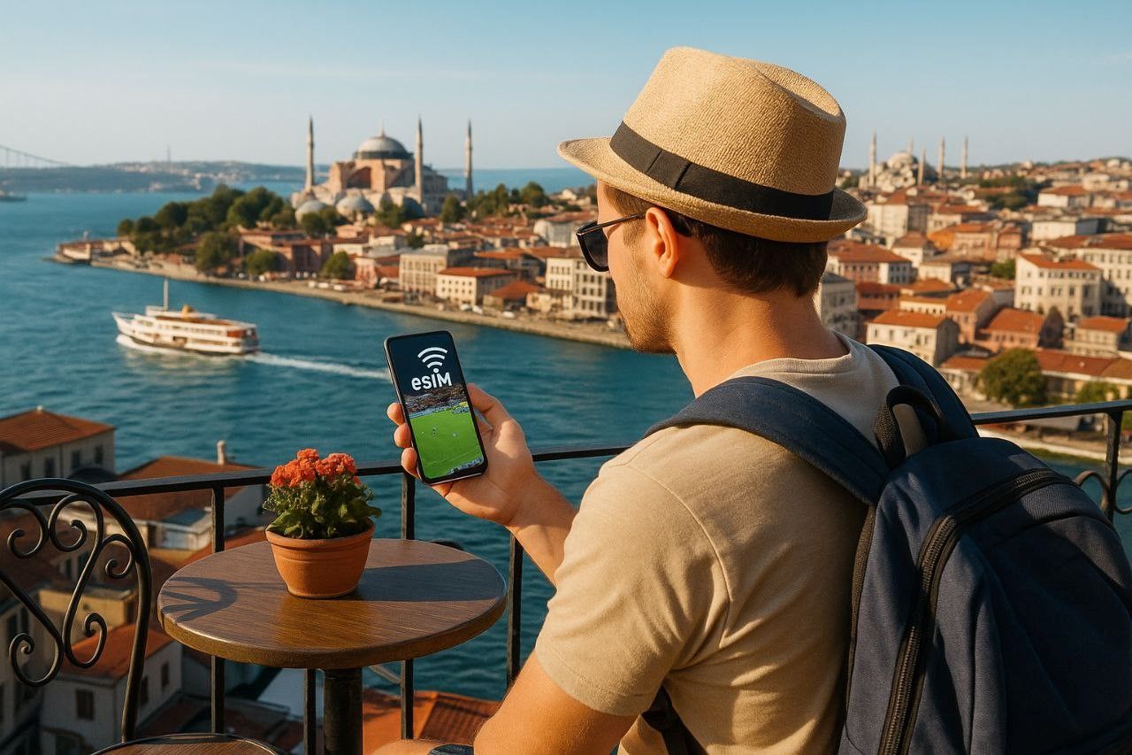 Traveler checking football match updates on smartphone, rooftop café overlooking Bosphorus, 