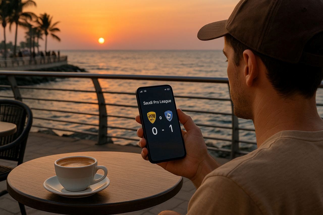 Traveler checking football match updates at Jeddah Corniche café