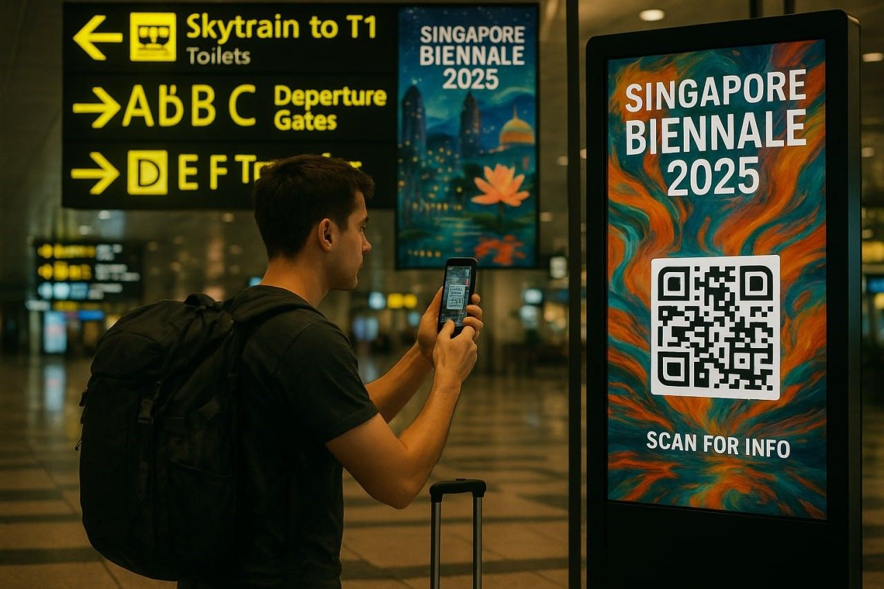 Traveler scanning QR code on smartphone at Changi Airport, surrounded by travel signs and digital art banners promoting Singapore Biennale 2025