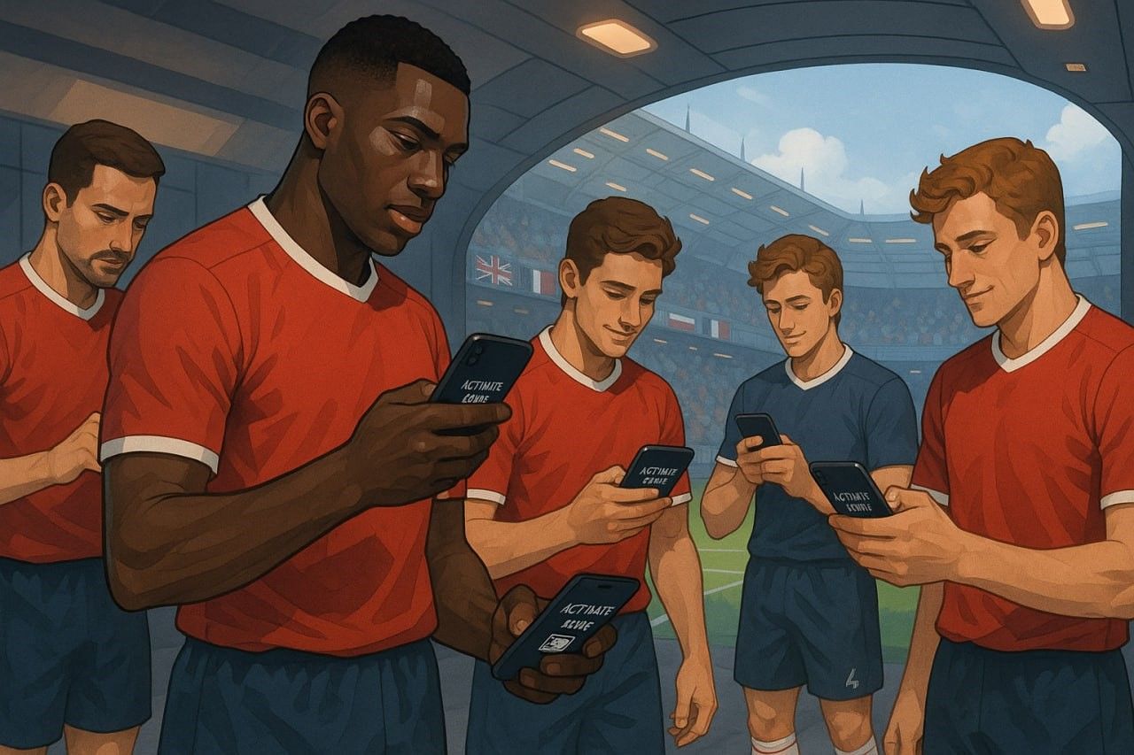 Digital illustration of a football team activating eSIMs before an international match