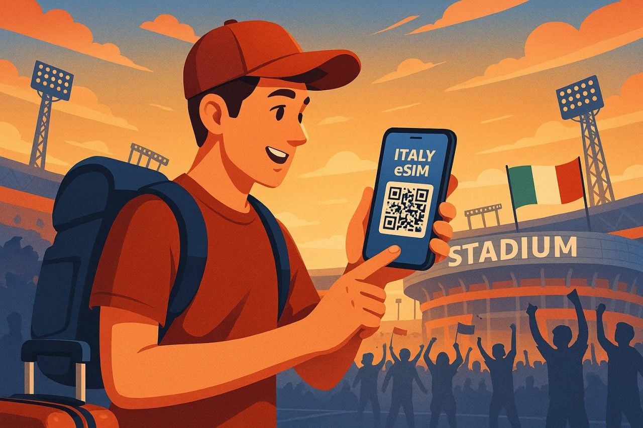 Illustration of traveler scanning a QR code on smartphone outside a football stadium in Italy