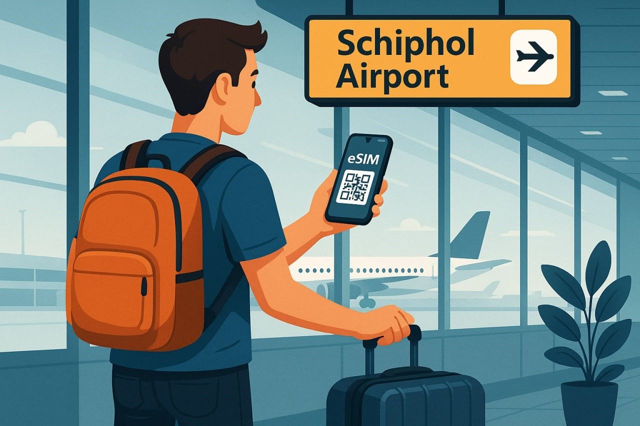 Illustration of traveler scanning QR code on phone at Schiphol Airport