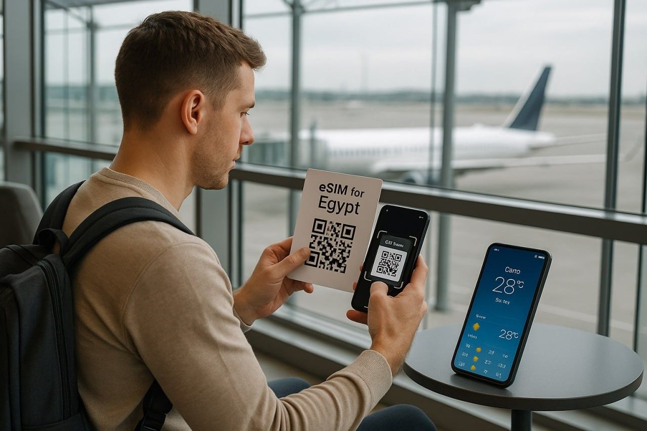 Traveler scanning QR code to activate eSIM while checking Egypt weather forecast in airport lounge