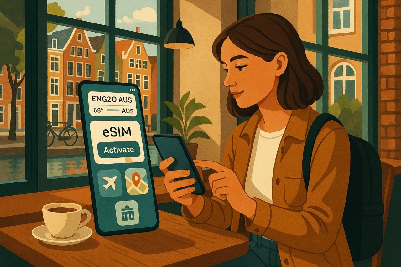 Illustration of a traveler in Amsterdam café activating an eSIM on their smartphone