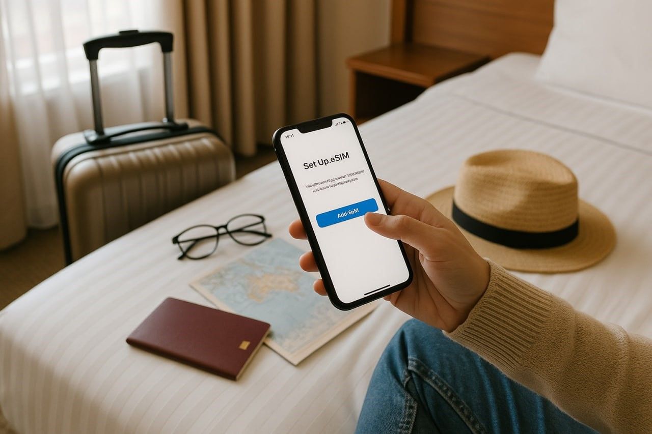 Traveler setting up an eSIM on smartphone in hotel room