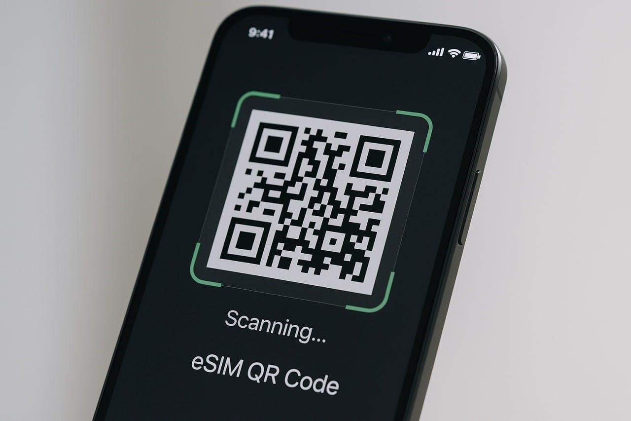 Close-up of a smartphone showing an eSIM QR code being scanned on-screen