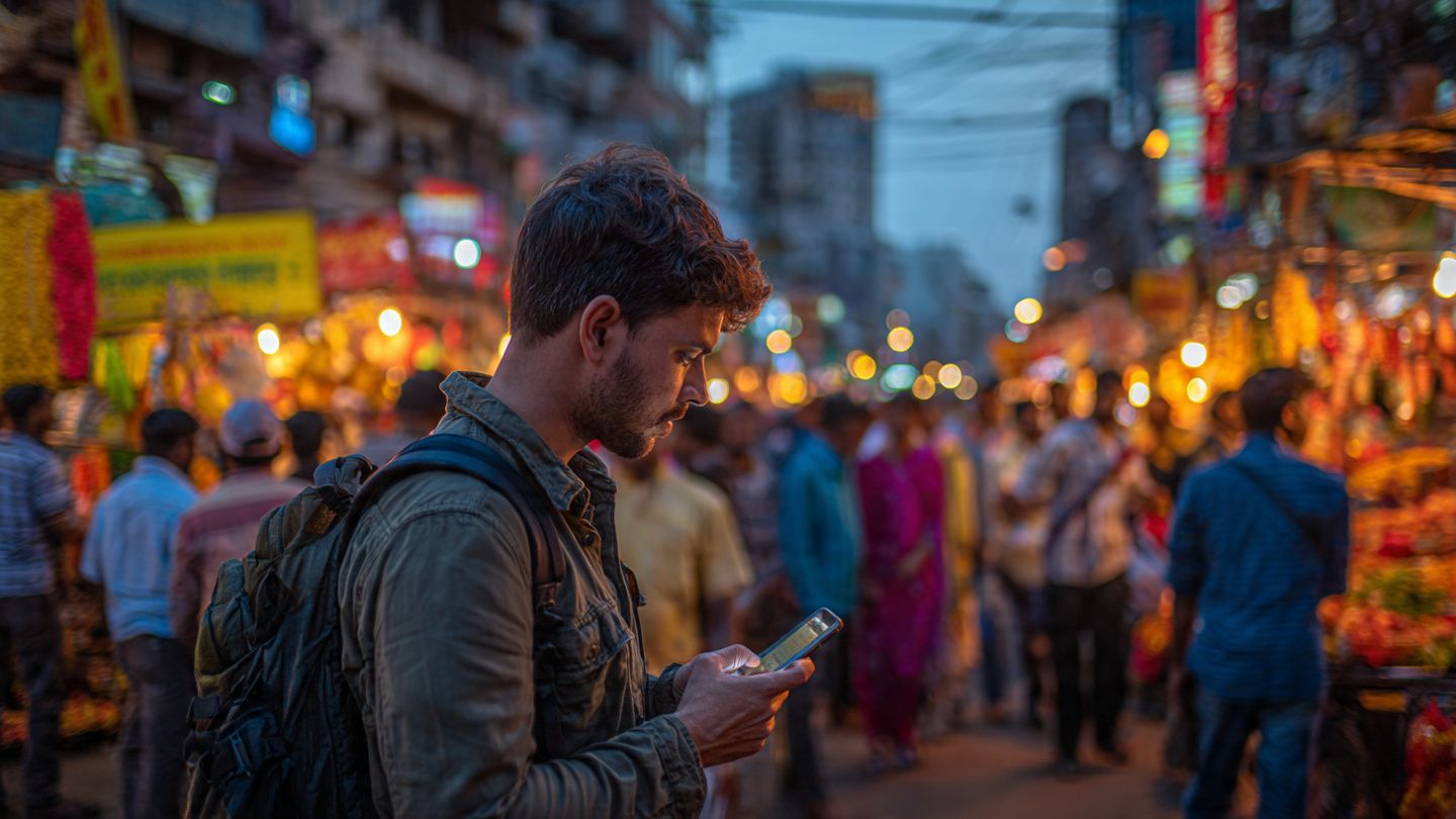 Backpacker checking a phone for emergency directions near a crowded Indian market street, colorful vendors, busy evening lights, safety-focused travel scene