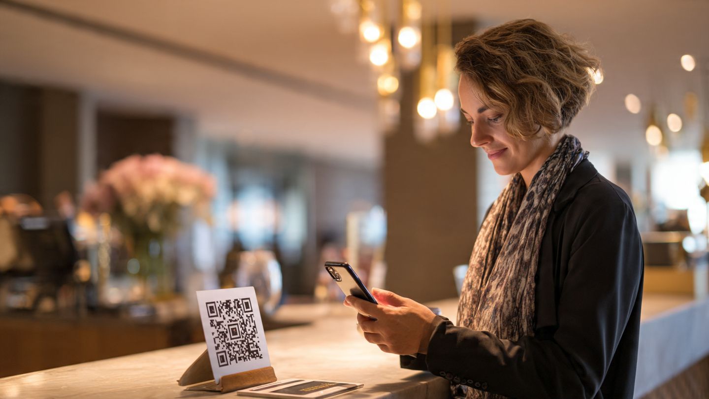 Business traveler scanning an eSIM QR code on smartphone at a hotel desk, technology-focused travel scene, soft modern lighting