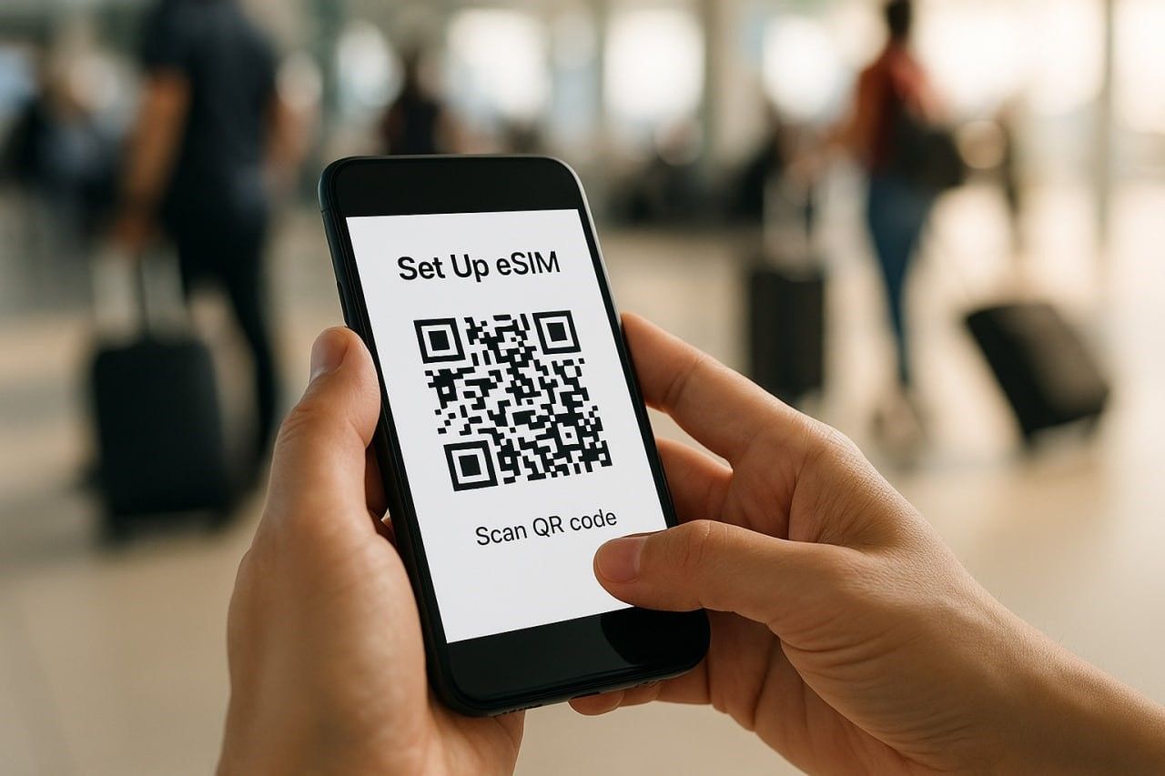 Close-up of hands holding a smartphone, scanning a QR code on screen to set up eSIM