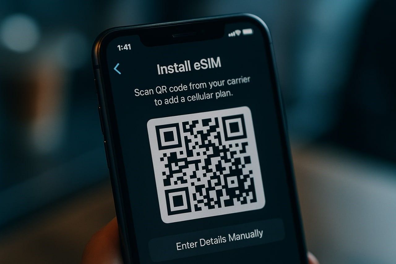 Close-up of a smartphone screen showing eSIM installation via QR code