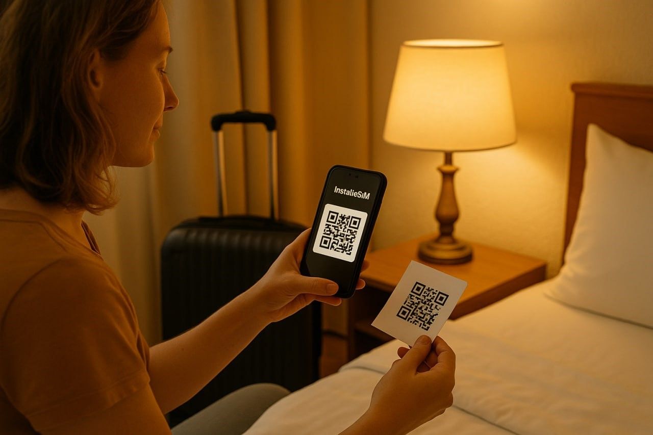 Traveler scanning a QR code to install an eSIM in a hotel room