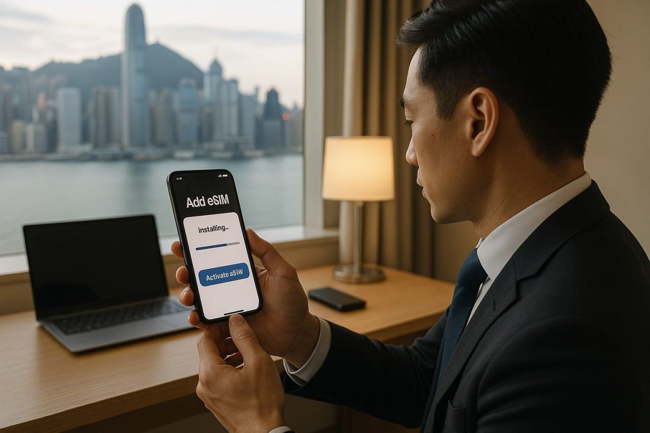 A fintech professional activating an eSIM on their smartphone in a Hong Kong hotel room