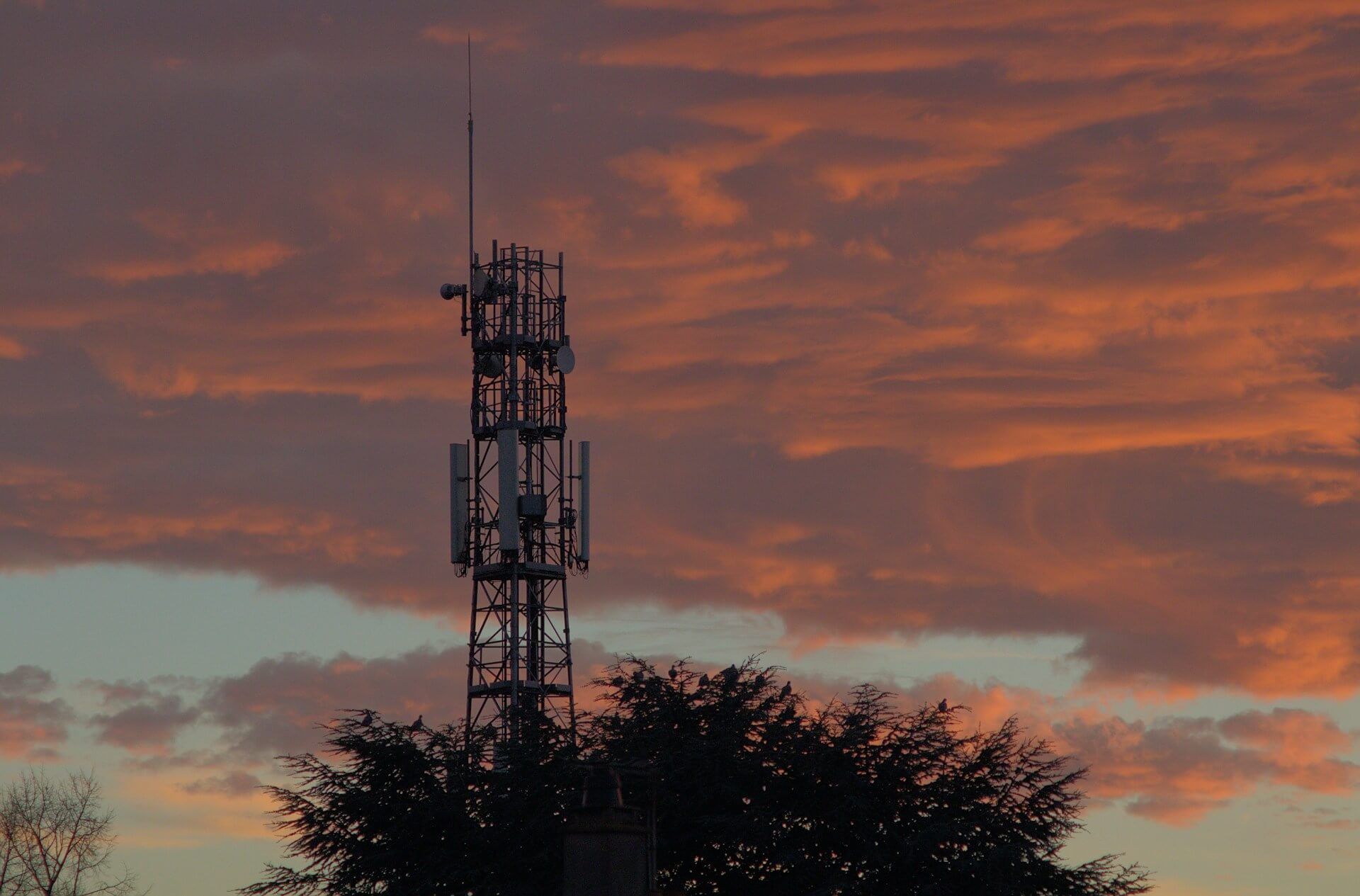 Solitary cell tower at sunset, representing the global phasing out of GSM networks