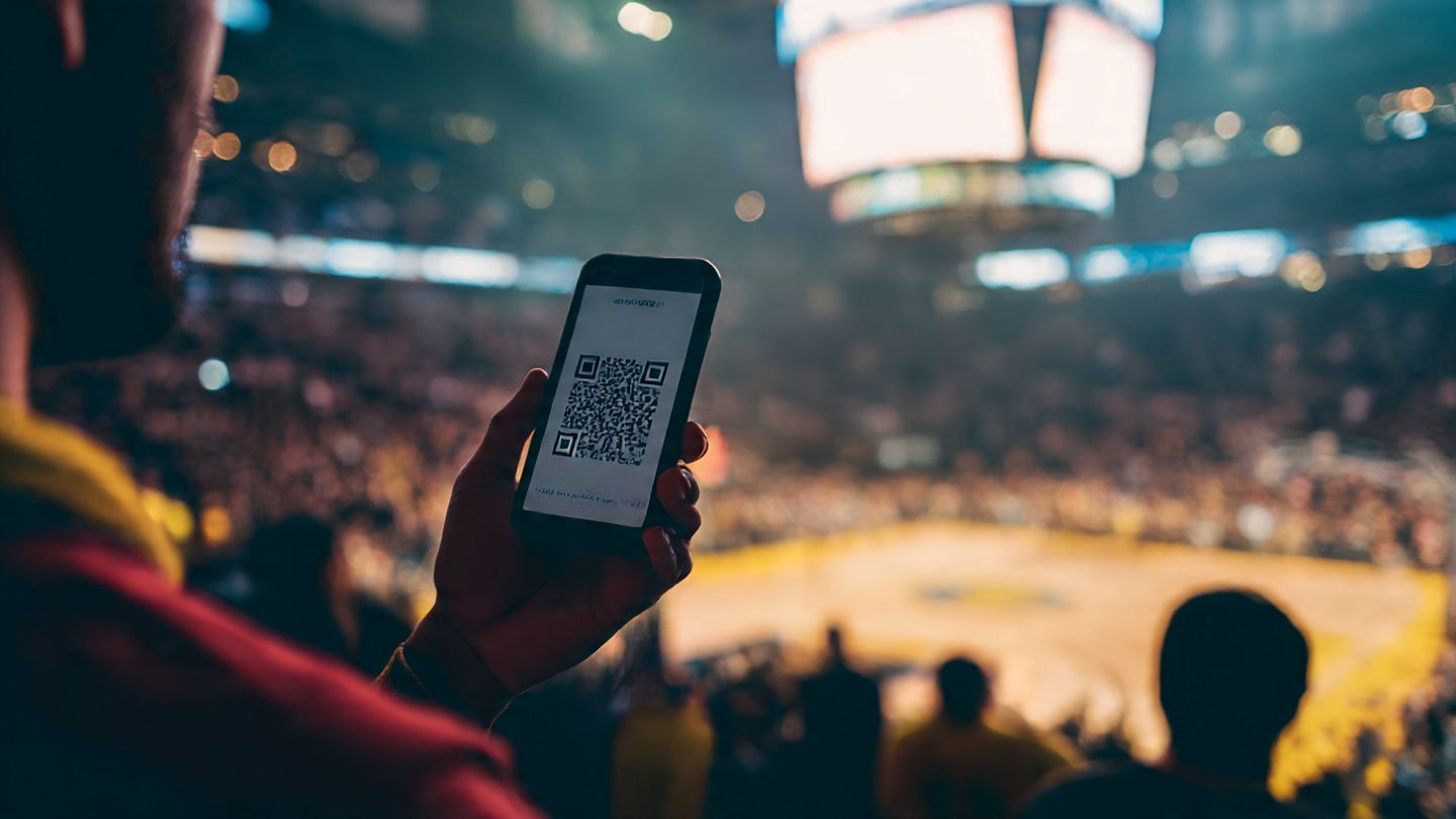 Close-up of a basketball fan scanning an eSIM QR code on a smartphone before an NBA game — dynamic stadium lighting, modern tone