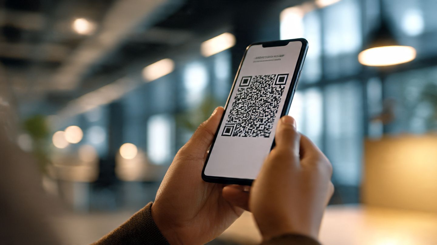 Close-up of a professional scanning an eSIM QR code on a smartphone before a flight — modern, realistic, bright office lighting