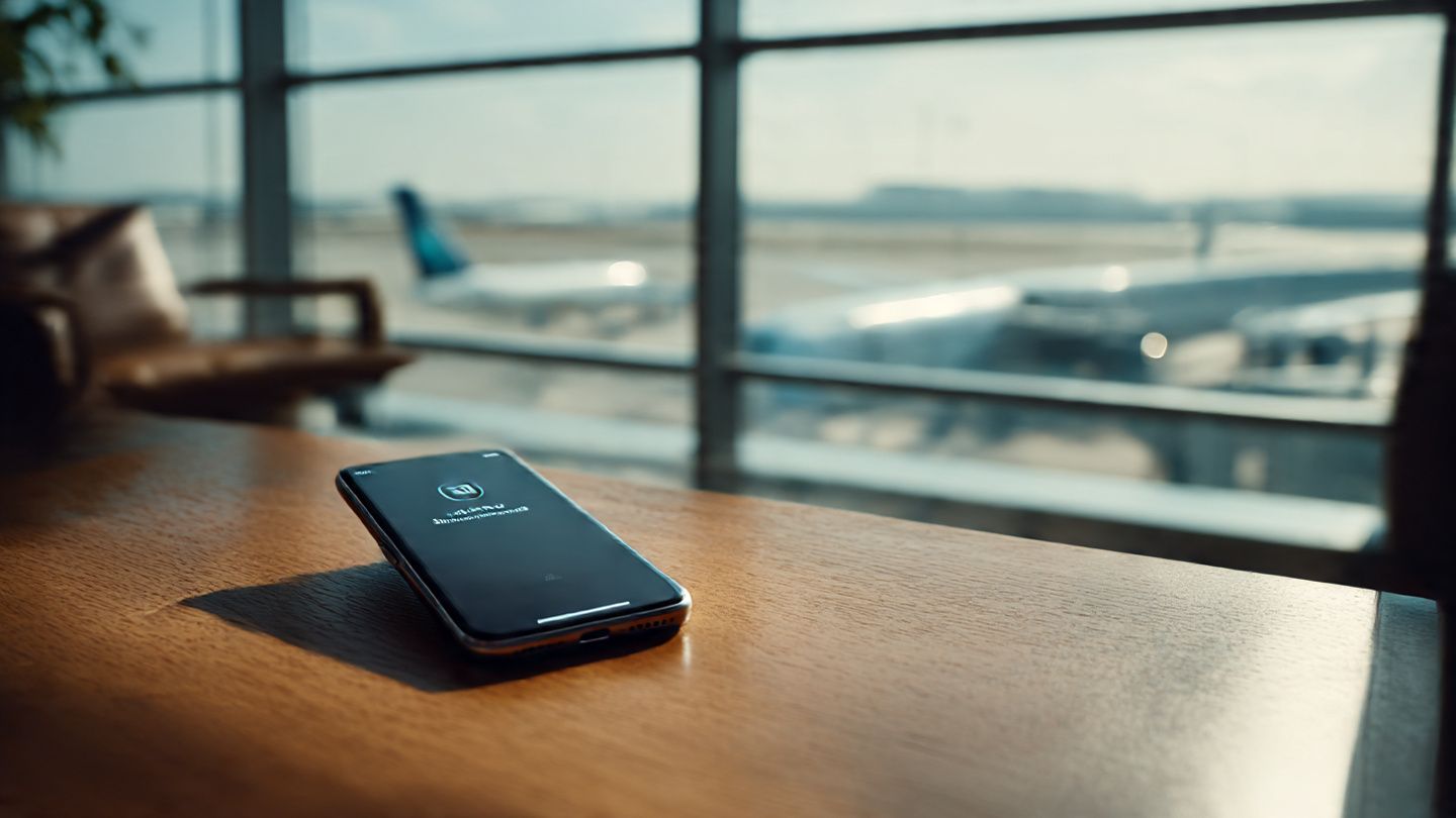 Close-up of a smartphone displaying an eSIM activation screen in an airport lounge, with planes visible outside the windows; modern, editorial tech-travel aesthetic