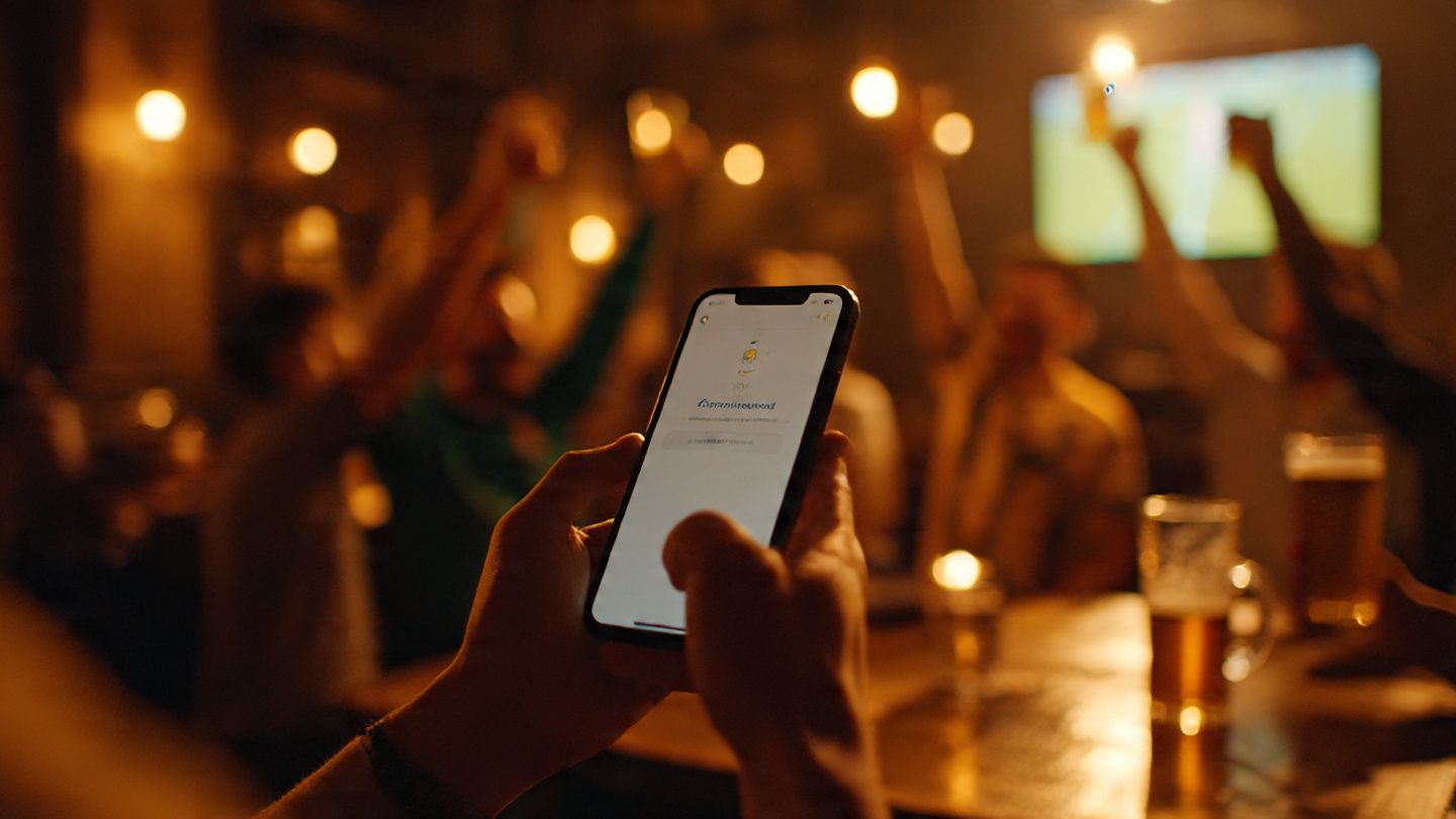 Close-up of a smartphone displaying an eSIM activation screen, with a background showing a Scottish pub filled with football fans celebrating — warm lighting, storytelling tone