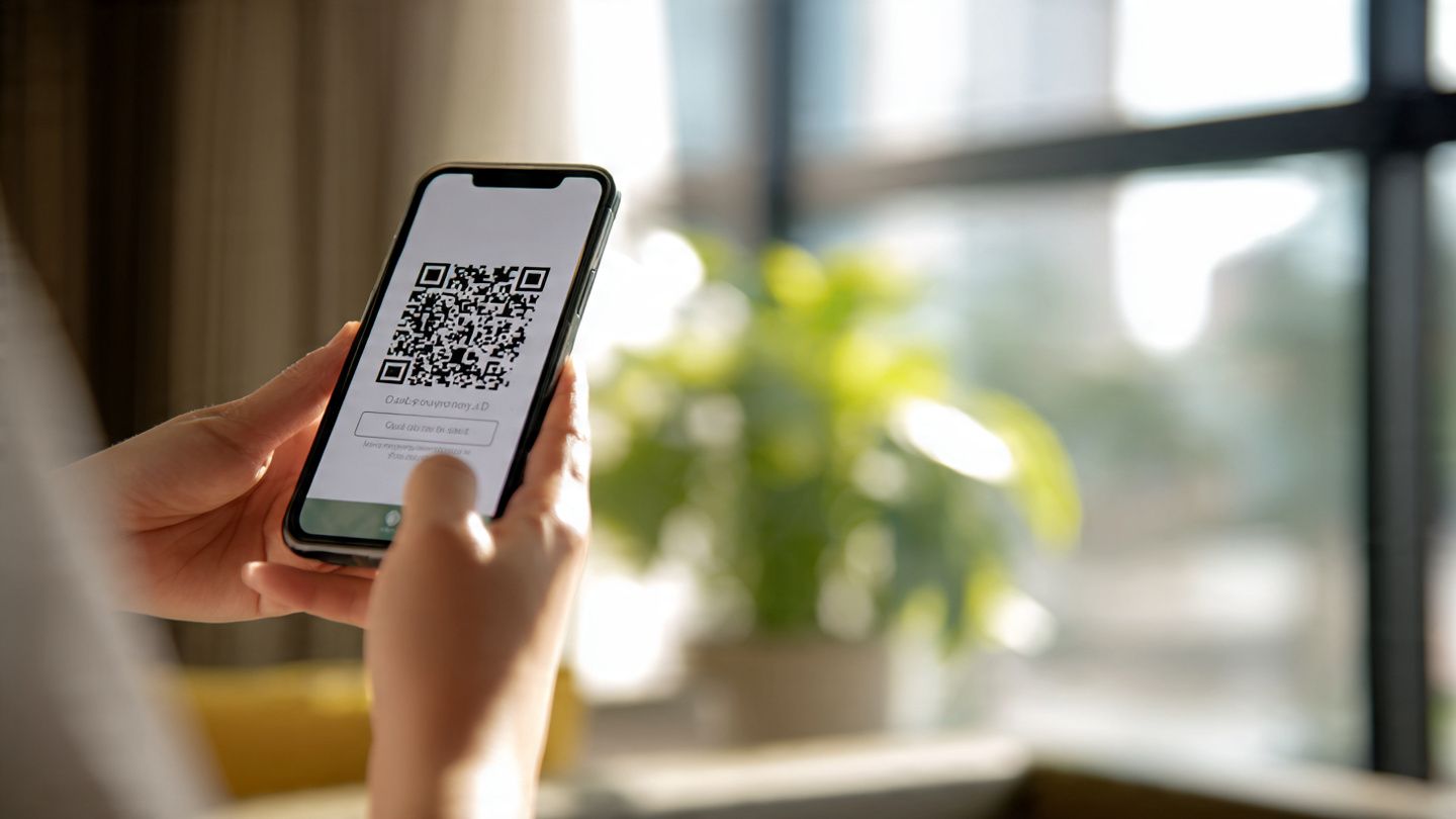 Close-up image of a traveler scanning a QR code to activate an eSIM in a hotel room before attending a sports event, bright natural lighting, focus on phone setup process