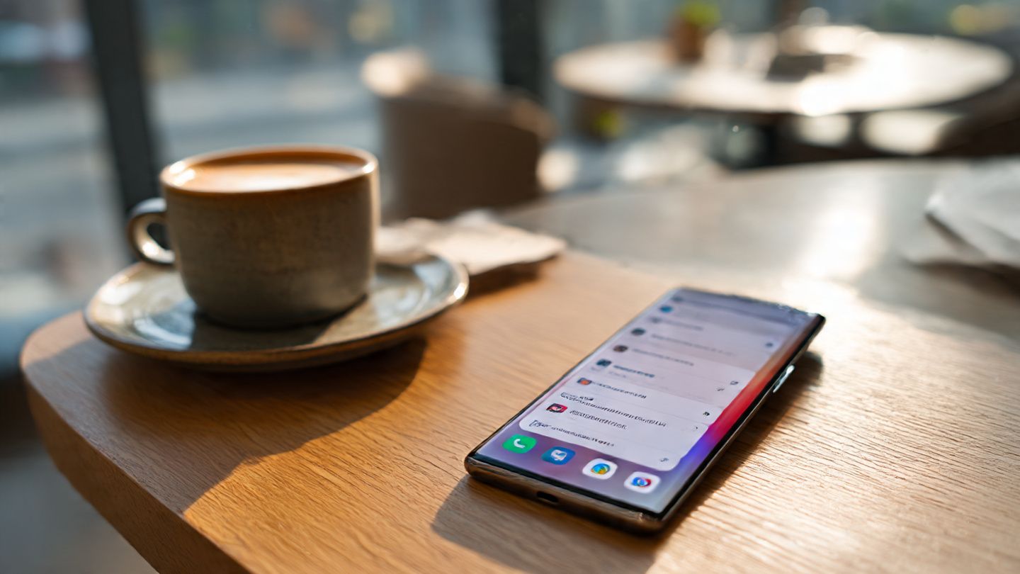 Close-up of an OPPO Find X9 Pro on a café table, user navigating ColorOS 16 eSIM settings, soft daylight, editorial style for tech setup guide