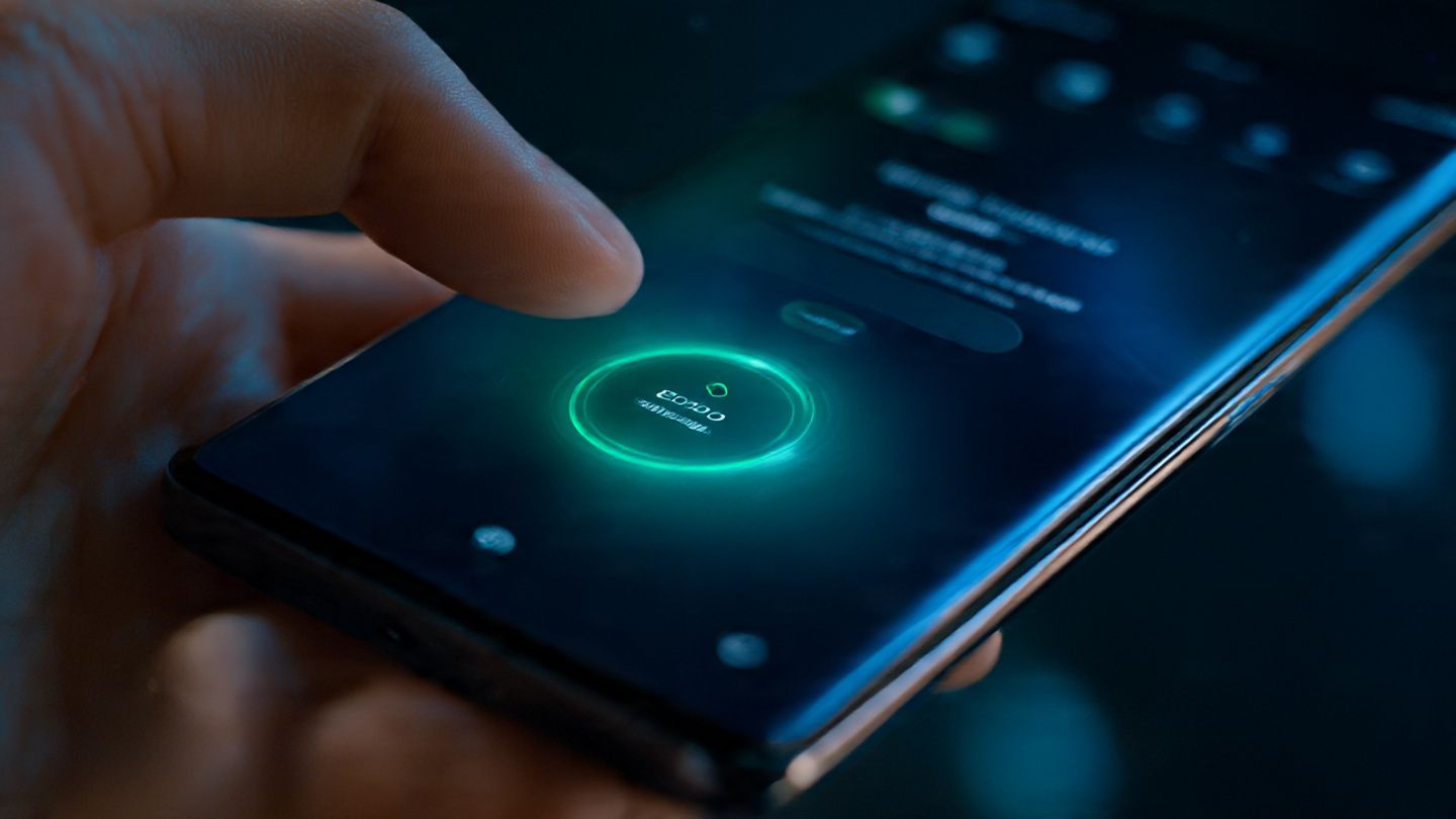 Close-up of OPPO Find X9 Pro screen displaying eSIM activation process, with glowing interface, modern tech aesthetic, focus on user interaction