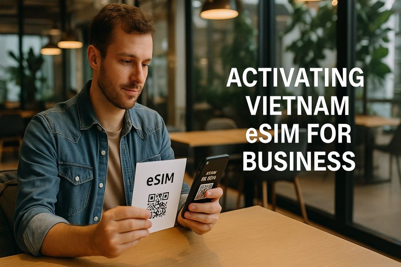 Traveler scanning eSIM QR code on smartphone inside a coworking space in Ho Chi Minh City, modern tone, demonstrating setup ease