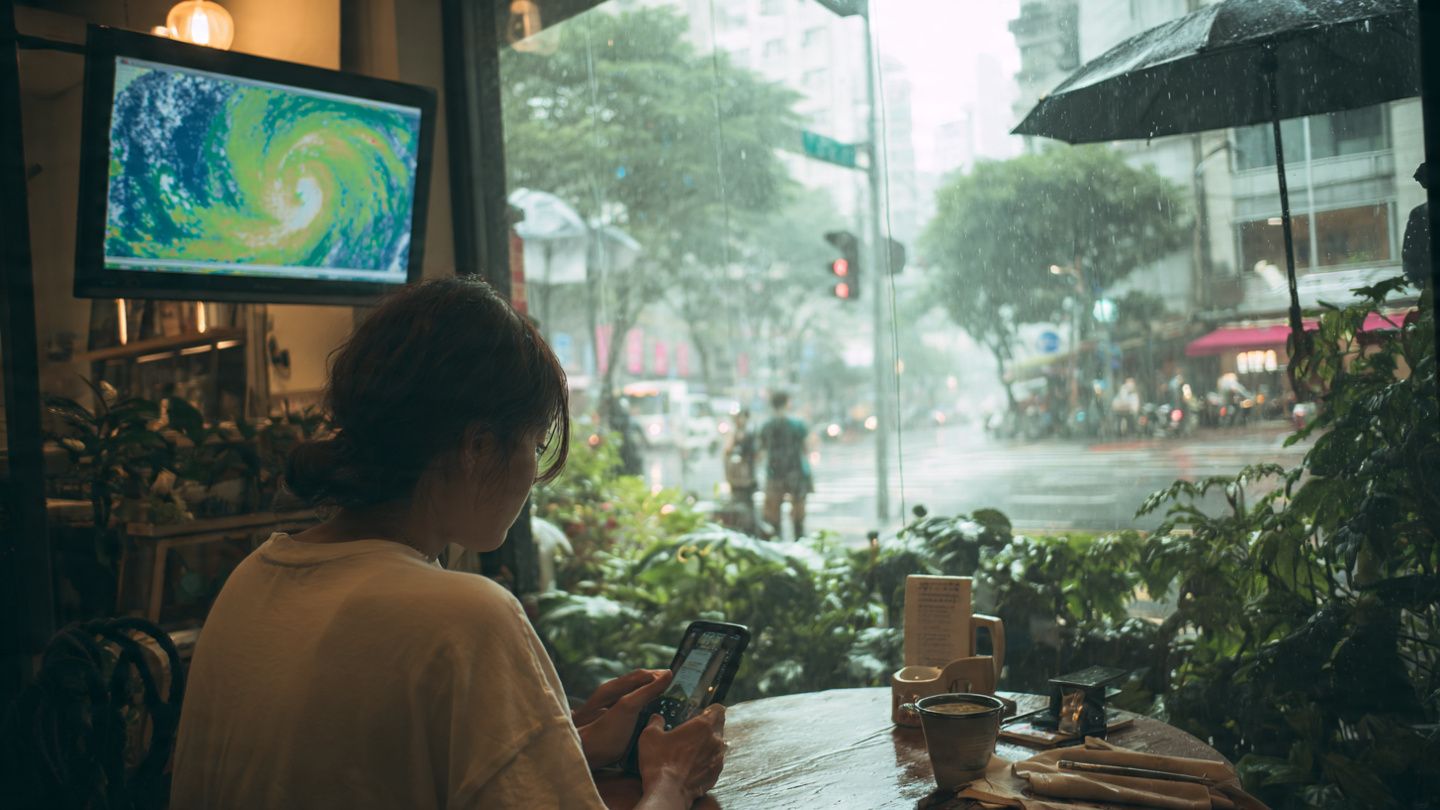 Digital nomad in a Taipei café watching typhoon radar maps on their phone using stable data from an eSIM; travel safety photography, calm indoor atmosphere