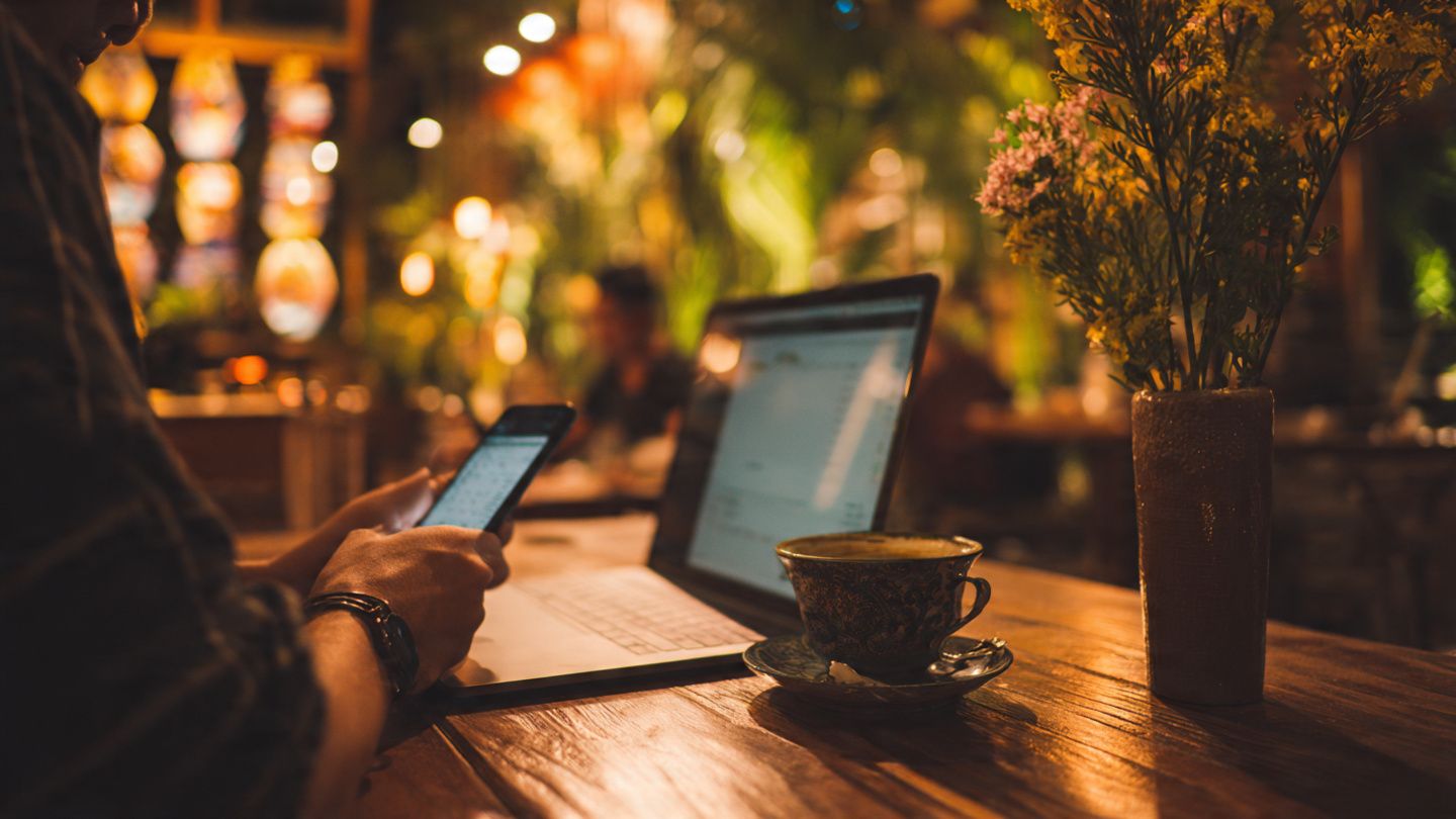 Digital nomad working on a laptop in a Hanoi café with a smartphone showing active eSIM settings, warm travel storytelling style, highlighting multi-country Southeast Asia data