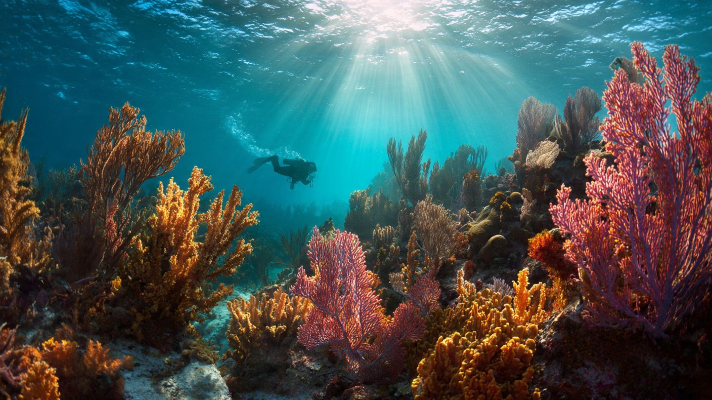 Diver exploring coral reefs near Sint Eustatius with underwater sunlight beams, vibrant colors, and a sense of calm — ideal for illustrating connectivity while traveling in Statia