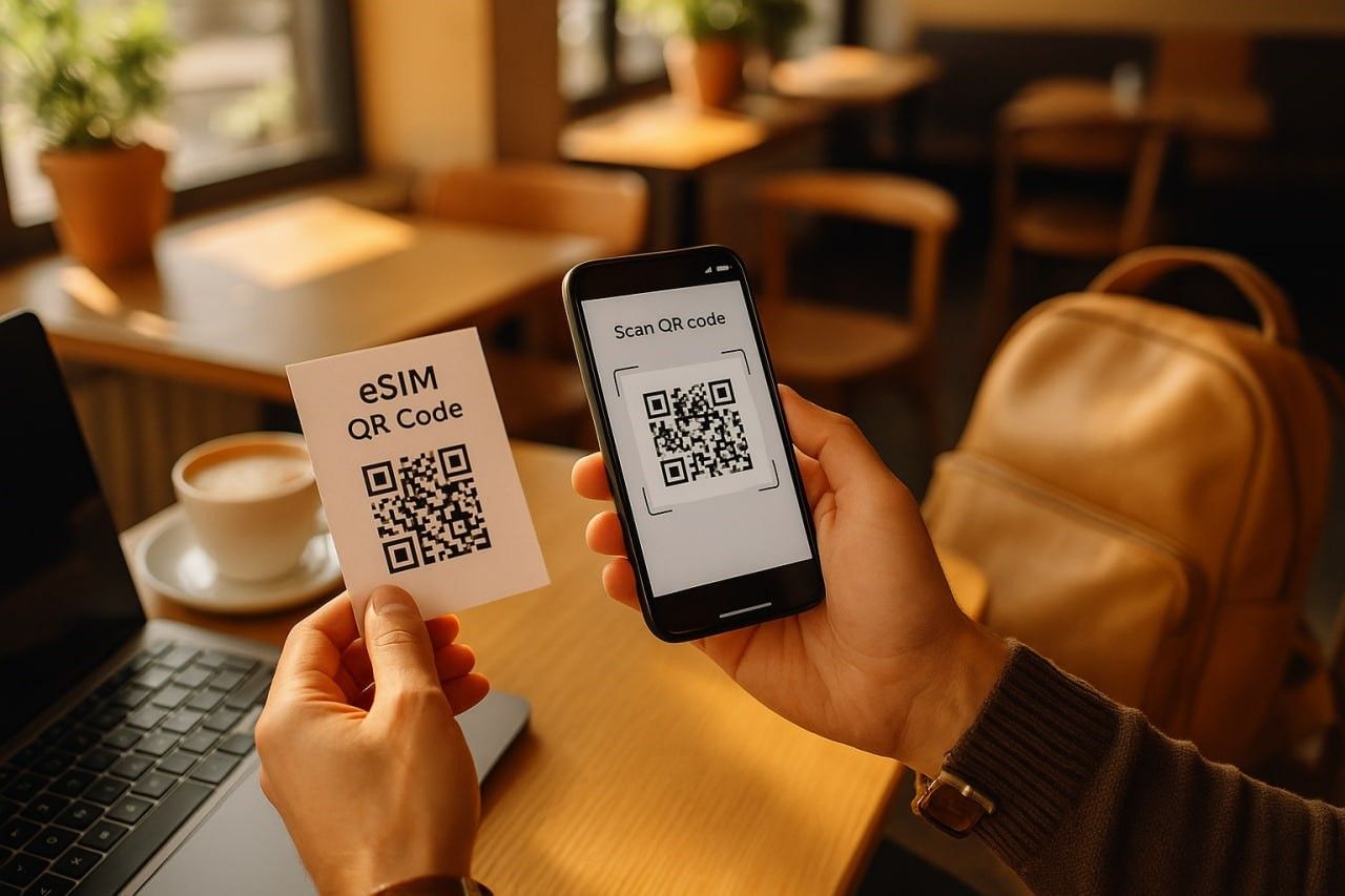 Traveler scanning eSIM QR code on smartphone at a café, digital setup process