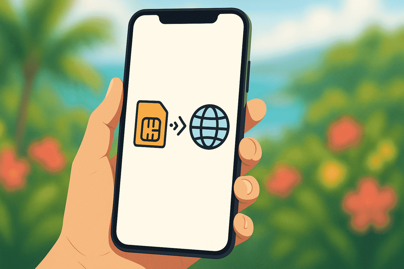 Иллюстрация смартфона, показывающая переход от физической к цифровой SIM-карте, концепция eSIM Гавайи на тропическом фоне.