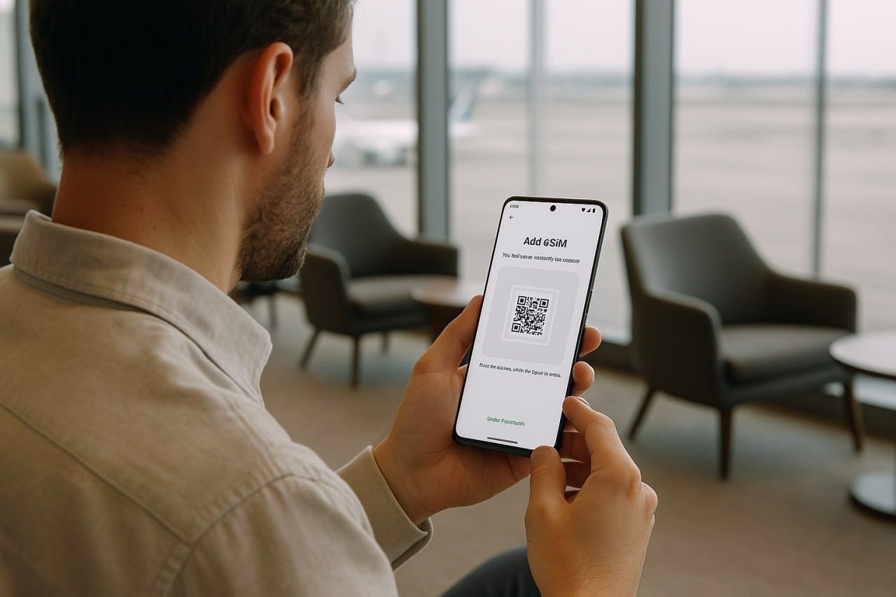 Traveler setting up eSIM on OPPO Find X9 Pro with airport lounge in background, showing QR code scanning and ColorOS interface
